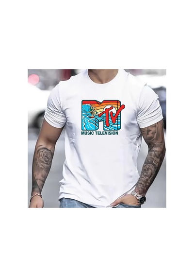 Caddemia Yaz  Moda Rahat Spor Gevşek Mtv Mektup Desen Baskı Yuvarlak Boyun Kısa Beyaz 2XL