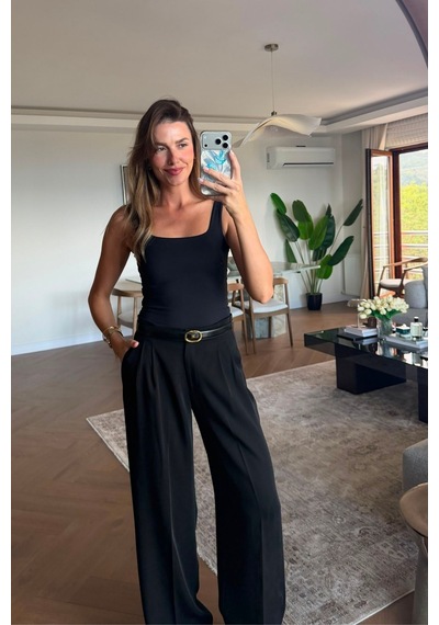 Açelyaokcu Premium Kalderon Wide Leg Dokuma Pantolon Siyah