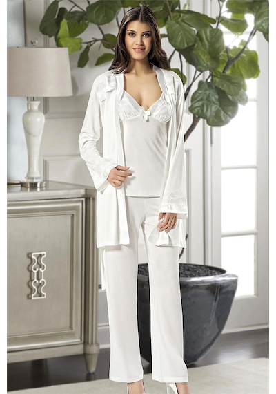Xses 2030 Kadın Sabahlıklı Pijama Takım-ekru Ekru