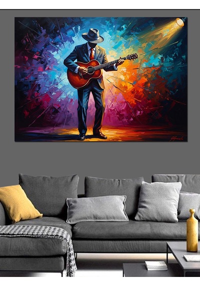 Sahne Işıkları Altında Gitarist Portresi Dekoratif Kanvas - Mdf Ahşap Tablo