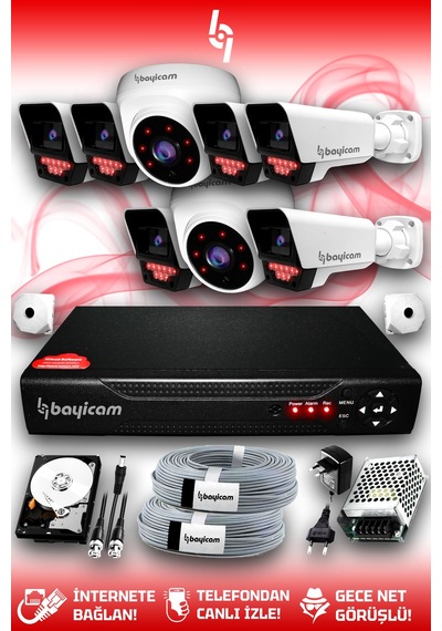 Bayicam 8 Kameralı Süper 2 İç Kamera Set 320 GB 5 MP 2K Net Gece Görüşlü Güvenlik Kamerası Sistemi