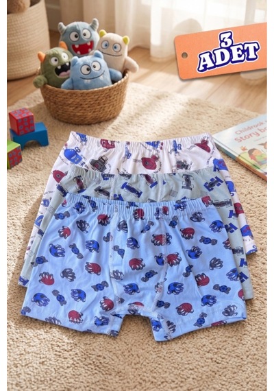 Andredimoda Erkek Çocuk Boxer Pamuklu Desenli Boxer 3'lü Paket Desenli Desenli