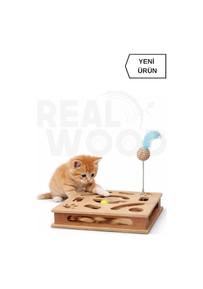 Ahşap Kare Kedi Oyuncağı - 30cm X 30cm - Çıngıraklı Toplu - Yaylı Top Eklenmiştir