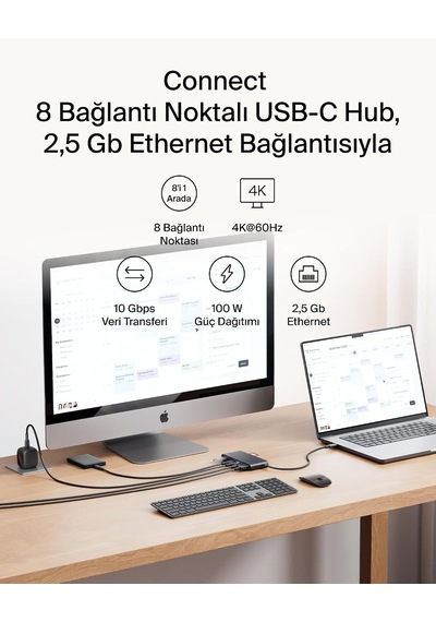 Belkin Connect 8 Portlu Usb-c Hub, 4k 60hz E Kadar Çözünürlükleri