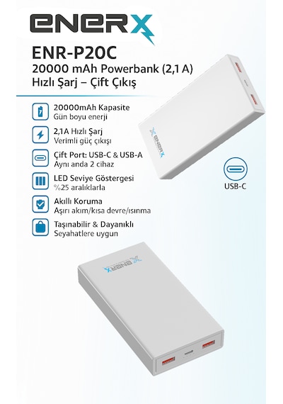 Enerx Enr-p20c 20.000 Mah 2.1a 2xusb 1xtypec Powerbank