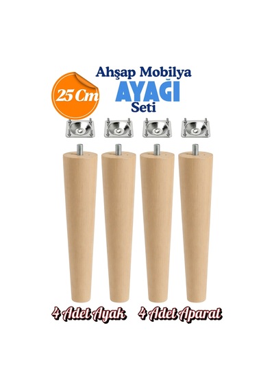 4'lü Set Ahşap Dolap Mobilya Koltuk Kanepe Ayağı Ayakları M8 25 Cm Bağlantı Aparatlı Kahverengi Kahverengi