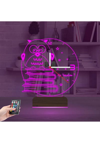 Luvivia Baykuş Kitap Öğretmene Hediye Kişiye Özel Saatli 3d Lamba - Masa Gece Lambası