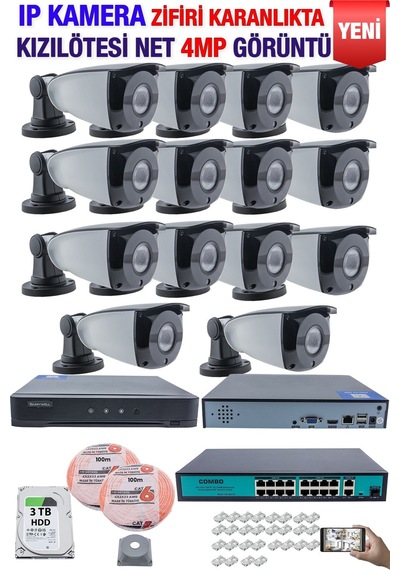 Ip Kamera Seti - 14 Ip Kamera - 16 Kanal Nvr - 16 Port Poe Switch, 3 Tb Disk, Gece Görüşlü Ir