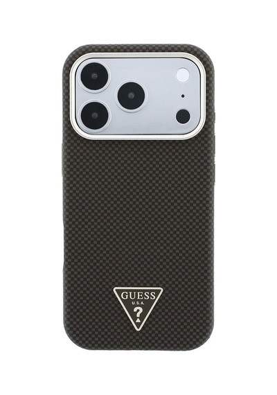 Apple iPhone Uyumlu 18 Pro Kılıf Guess Lisanslı M-safeli Pu Metal Üçgen Logolu Karbon Fiber Kevlar Kahverengi