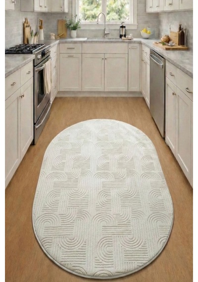 Raschel Carpet Yıkanabilir Oval Elips Leke Tutmaz Emboss Bohem Krem Mutfak Halısı Özel Seri Kaymaz Taban Halı Krem