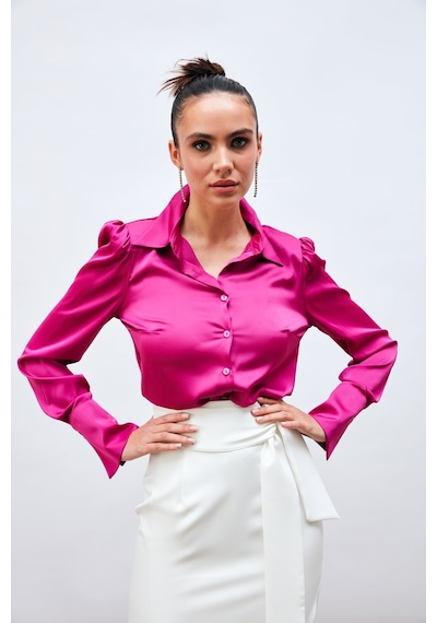 Sateen Vatkalı Saten Gömlek - Fuşya