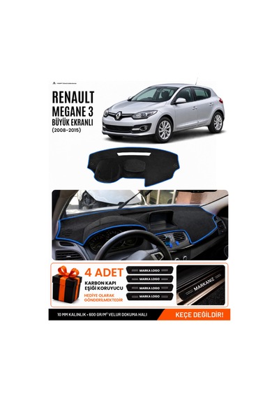 Renault Megane 3 Büyük Ekran 2008-2015 Uyumlu Torpido Örtüsü, Torpido Kılıfı - Siyah Mavi