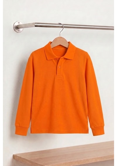 Nacar Store Unisex Çocuk Uzun Kollu Polo Yaka Lakost Okul Tişörtü Turuncu