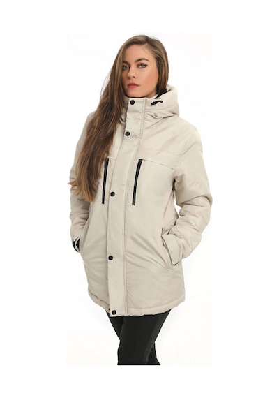 Spor Kadınpolarlı Kürklü Su Ve Rüzgar Geçirmez Kapüşonlu Mont Parka-117 Taş