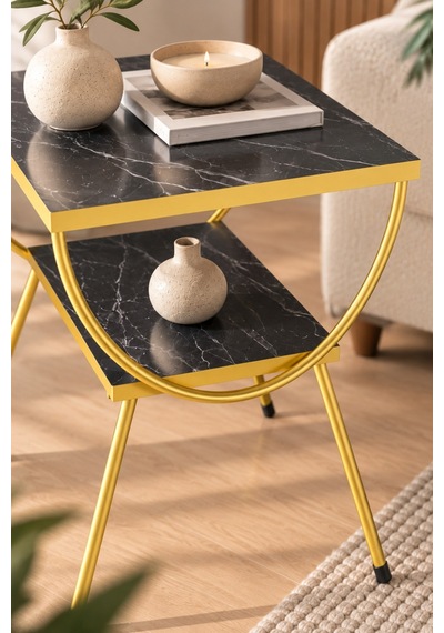 Sulorahome Gold Metal Yan Sehpa Bendir Siyah Mermer Desenli Siyah - Altın