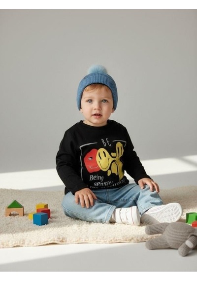 Zekids Erkek Bebek Pamuklu Emoji Baskılı İnce Uzun Kollu T-shirt-12532 Siyah