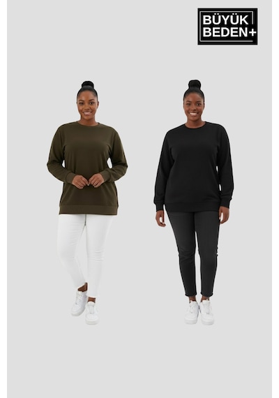 Süperlife Kadın Büyük Beden Bisiklet Yaka 2 Li Set-rahat Kalıp İnce Sweatshirt Spr26bswk956+2 Black-haki Süperlife Kadın Büyük Beden Bisiklet Yaka 2 Li Set-rahat Kalıp İnce Sweatshirt Spr26bswk956+2 Black-haki