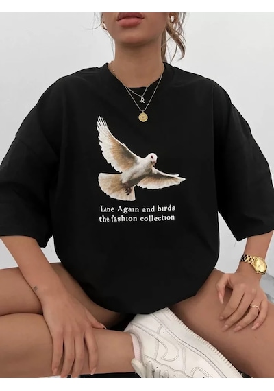 Modi Unisex Bisiklet Yaka Baskılı Oversize T-shirt - Siyah - Mymg108566