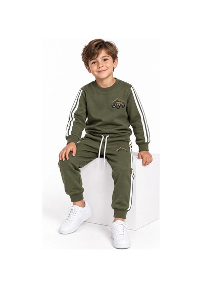 Rony Pony Kids Erkek Çocuk Haki 2 İplik Eşofman Takımı Bisiklet Yaka Şerit Detaylı Nakışlı Alt Üst Takım