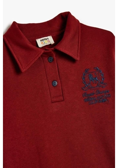 Koton Erkek Çocuk Oversize Polo Sweatshirt Uzun Kollu İşleme Detaylı Düğmeli Bordo