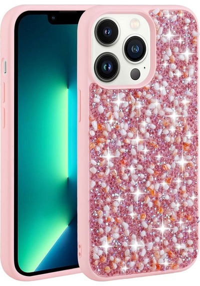 Apple Uyumlu iPhone 13 Pro Max Kılıf Parlak Taşlı Tasarım Zore Linea Kapak Pembe
