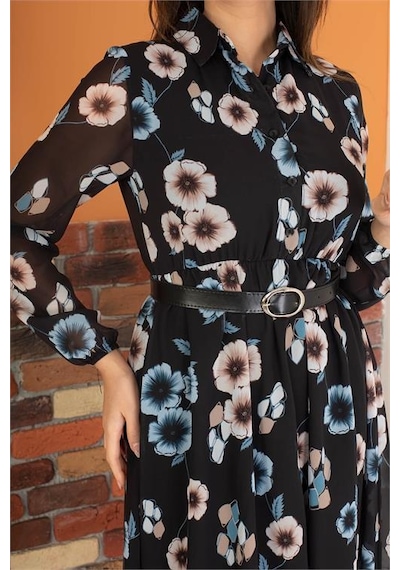 Dip Moda Kadın Gömlek Yaka Kemerli Çiçekli Şifon Elbise Dpry0031 Mint Yeşili