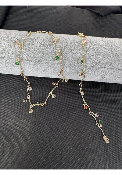 Çok Renkli Y Kolye Mix Damla Taşlı Dekolte Kolyesi 60 Cm Çelik