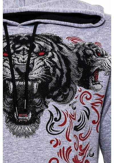 Wessi Gri Taşlı Baskılı Kapşonşlu Sweatshirt Gri