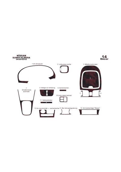 Nissan Sunny Almera Torpido Kaplama 2000-2003 14 Parça Maun