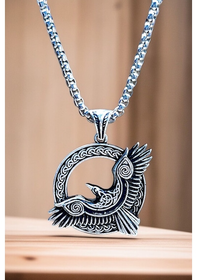 Gümüş Kaplama Krom-çelik Erkek Kolye Madalyon İskandinav Odin Viking Kuzgun Gümüş