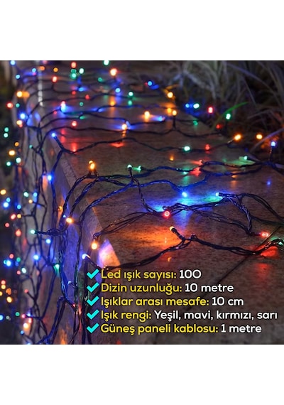 Upway Güneş Enerjili 10m Rgb 100 Led Dizin Bahçe Balkon Teras Dekoratif Aydınlatma RGB
