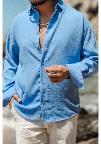Cool Tarz Erkek Uzun Kollu Gömlek Yaka Keten Oversize Gömlek MAVİ