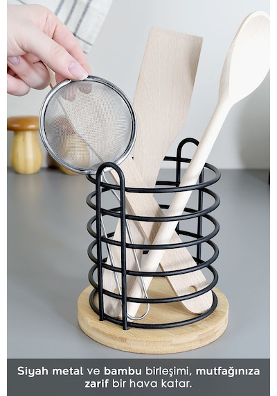 Bambu Tabanlı Metal Kaşıklık - Tezgah Üstü Dik Kaşıklık Mutfak Düzenleyici Dekoratif Organizer Bej