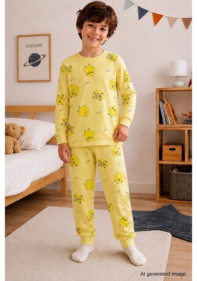 Erkek Çocuk Yeni Sezon Pamuklu Desenli Pijama Takım Tkm1022 Sarı
