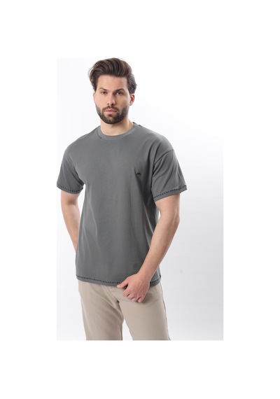 Madmext Füme Nakış Detaylı Erkek T-shirt E7112 Füme