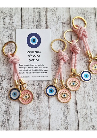 Hediyelik Vip Çift Nazar Boncuklu Ipli Anahtarlık - Çanta Süsü 10,5 Cm Pembe