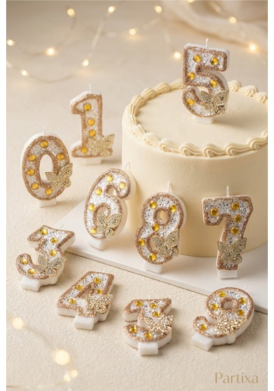 Gold Kelebek Detaylı Taşlı Rakam Mum Doğum Günü Pasta Süsü