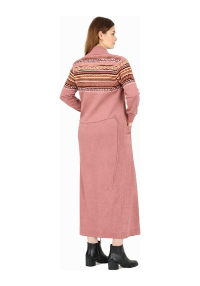 Onno Style Women Kilim Desen Uzun Ceket Somon