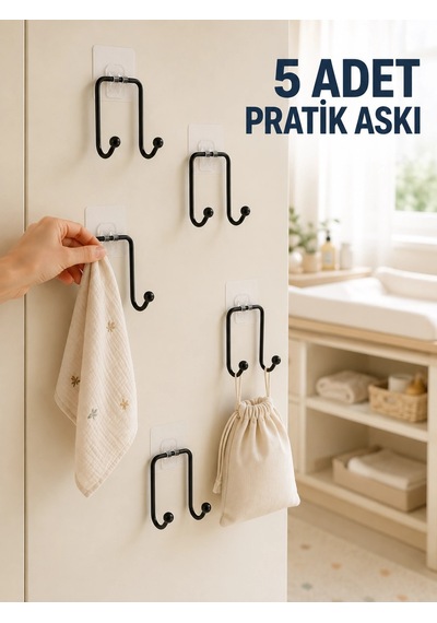 5'li Duvar Tipi Yapışkanlı Askı Pratik Ev Ve Yaşam Alanı Askılık Seti Çok Renkli