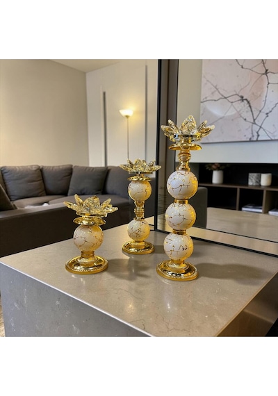Sleep Nova Lotus Kristal Şamdan Mumluk Gold Beyaz Mermer Desenli