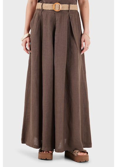 Via Dante Relaxed Fit Yüksek Bel Bol Paça Keten Pantolon Bayan Pantolon 7544 Kahve