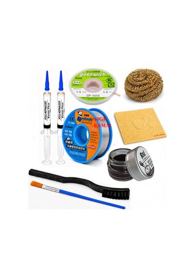 Lehimleme Seti 0,8 Mm 40 Gr Lehim Teli 2 Li Flux Cp-1515 Lehim Fitili Fırça Ve Havya Ucu Temizleme Seti St13