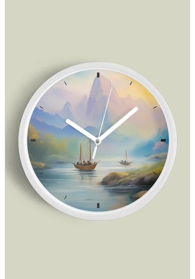 Doğa Manzara Temalı Modern Duvar Saati - 30cm - Önü Camlı Beyaz Kasa - Sessiz Mekanizma-jh0765 Beyaz