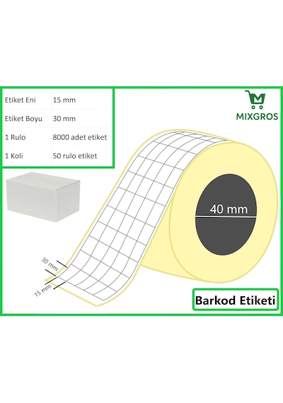 15x30 Mm Termal 5'li Ürün Barkod Etiketi 1 Rulo: 8000 Adet Etiket 1 Koli: 50 Rulo Etiket