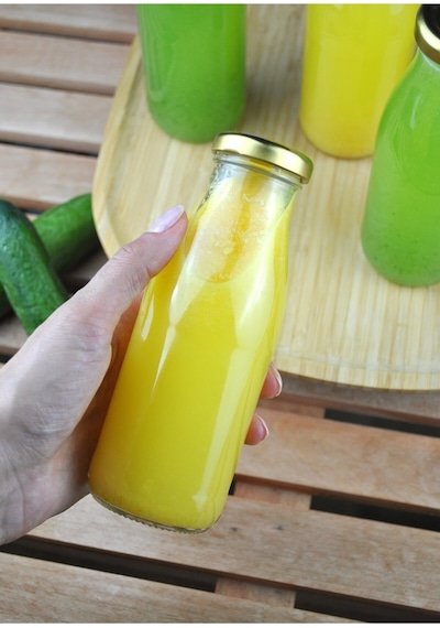 5 Adet Cam Şişe Meyve Suyu Ayran Detoks Şişesi 250 Ml Gold Metal Kapaklı Şişe