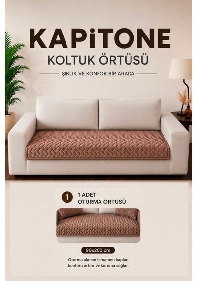 Tek Parça Kaymaz Taban Kapitone Koltuk Örtüsü Çekyat Kanepe Örtüsü 90x200 Kahverengi Kahverengi