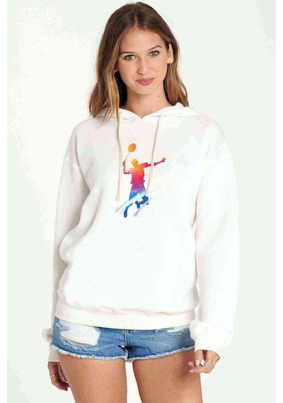 Watercolor Badminton Baskılı Kadın Kapüşonlu Beyaz Sweatshirt