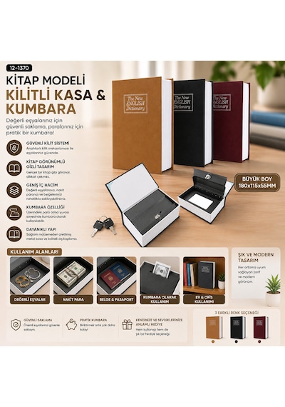 Lunaev Büyük - 180x115x55 Mm Kitap Modeli Kilitli Kasa - Kumbara Renkli