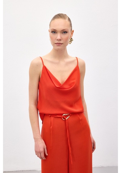 Sateen Degaje Yaka Dökümlü Bluz - Oranj-136692 Oranj