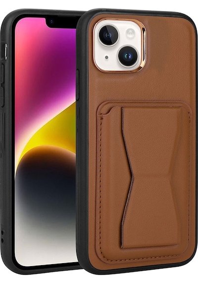 Kilifone - Apple Uyumlu iPhone 14 Plus - Kılıf Kart Bölmeli El Tutacaklı Stand Olan Pu Deri Memo Kapak - Kahverengi